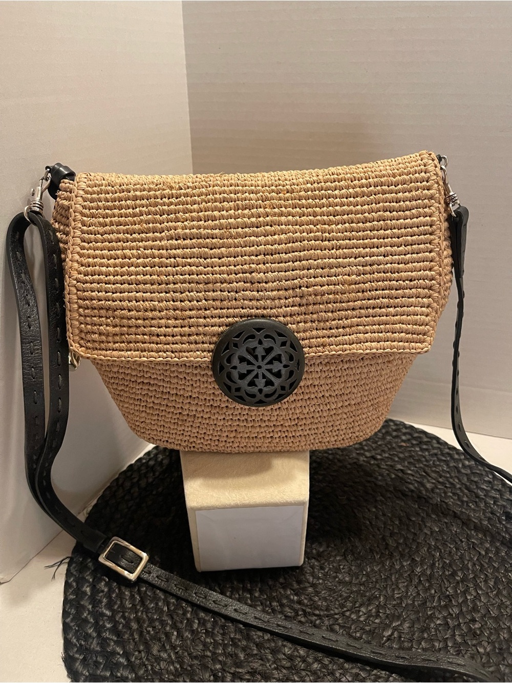 Brighton Woven Straw Crossbody Bag with Black Straps made with love in M-gascar